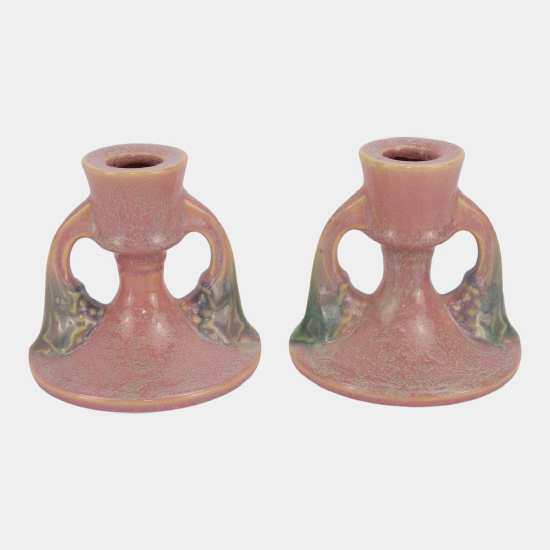 Roseville Tuscany Pink 1927 Vintage Art Deco Pottery Candle Holders 1066-3