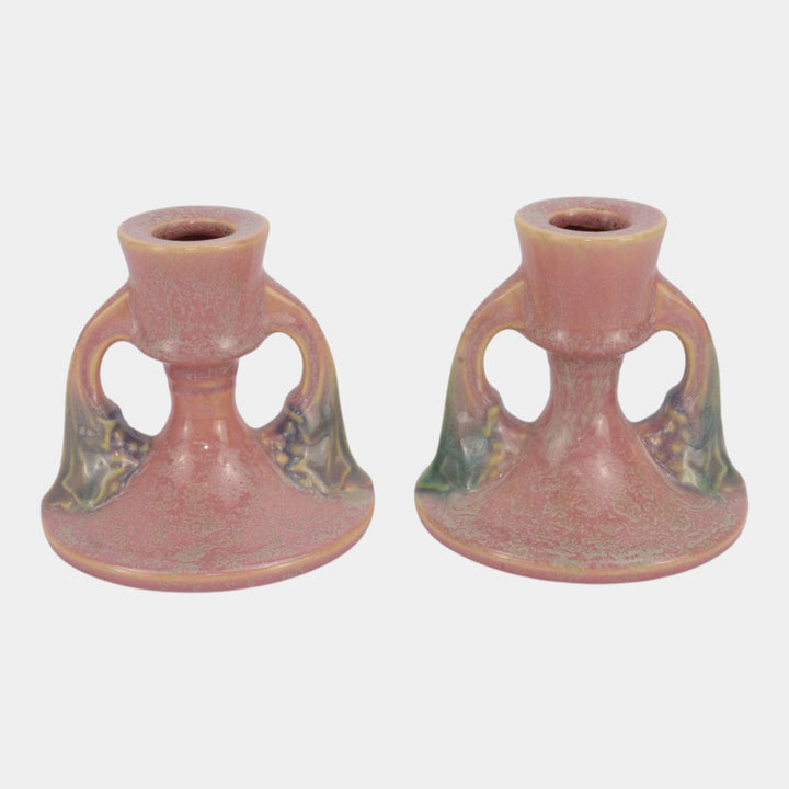 Roseville Tuscany Pink 1927 Vintage Art Deco Pottery Candle Holders 1066-3