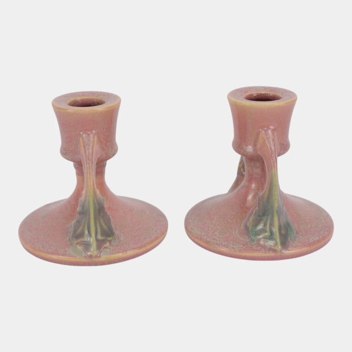 Roseville Tuscany Pink 1927 Vintage Art Deco Pottery Candle Holders 1066-3