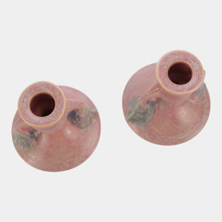 Roseville Tuscany Pink 1927 Vintage Art Deco Pottery Candle Holders 1066-3