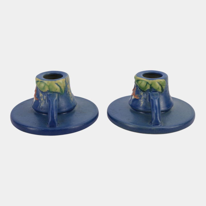 Roseville Fuchsia Blue 1938 Vintage Art Pottery Ceramic Candle Holders 1132