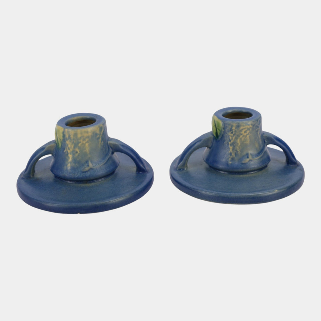 Roseville Fuchsia Blue 1938 Vintage Art Pottery Ceramic Candle Holders 1132