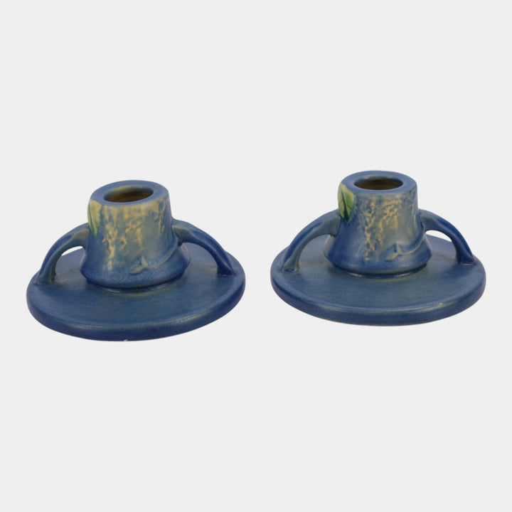 Roseville Fuchsia Blue 1938 Vintage Art Pottery Ceramic Candle Holders 1132