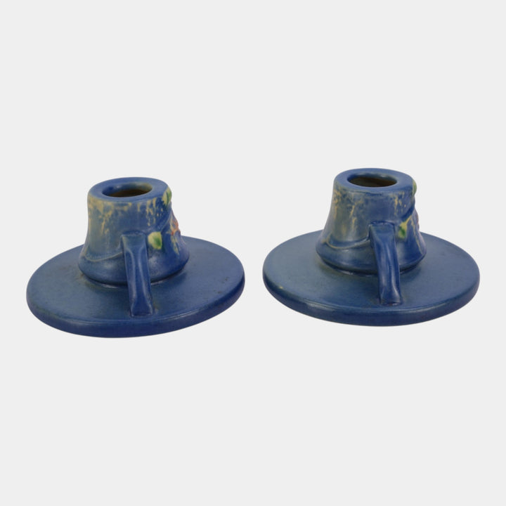 Roseville Fuchsia Blue 1938 Vintage Art Pottery Ceramic Candle Holders 1132