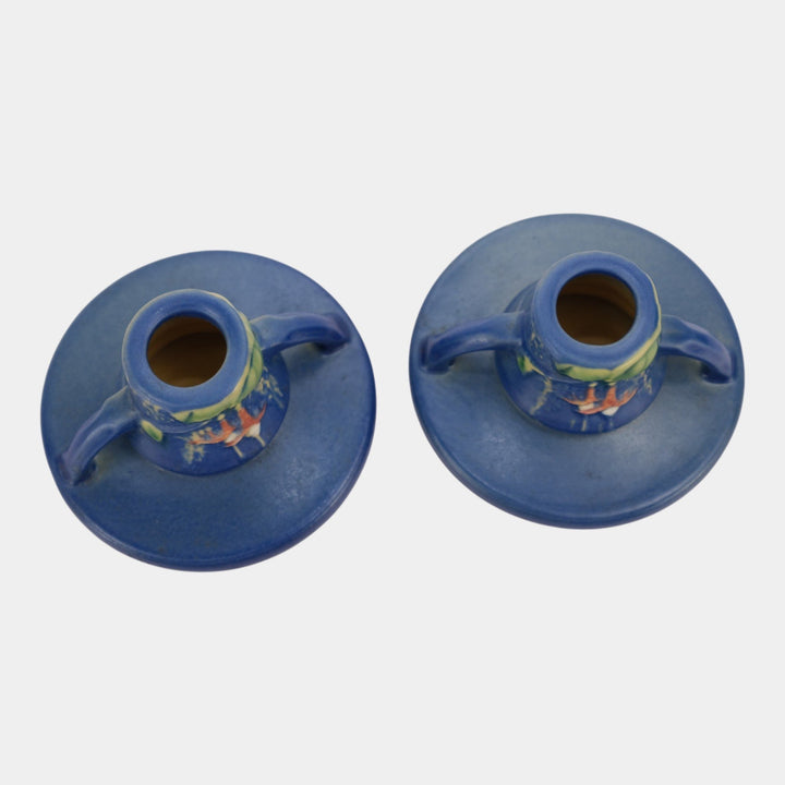 Roseville Fuchsia Blue 1938 Vintage Art Pottery Ceramic Candle Holders 1132