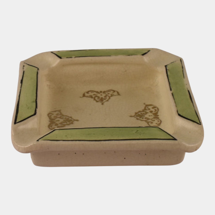 Roseville Creamware 1910 Antique Art Pottery Green Band Decorated Square Ashtray