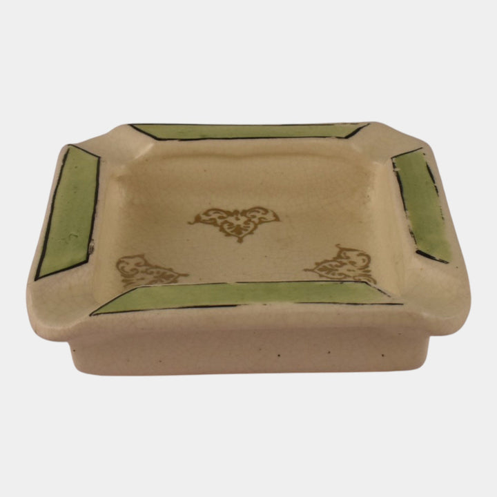 Roseville Creamware 1910 Antique Art Pottery Green Band Decorated Square Ashtray