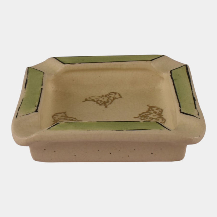 Roseville Creamware 1910 Antique Art Pottery Green Band Decorated Square Ashtray