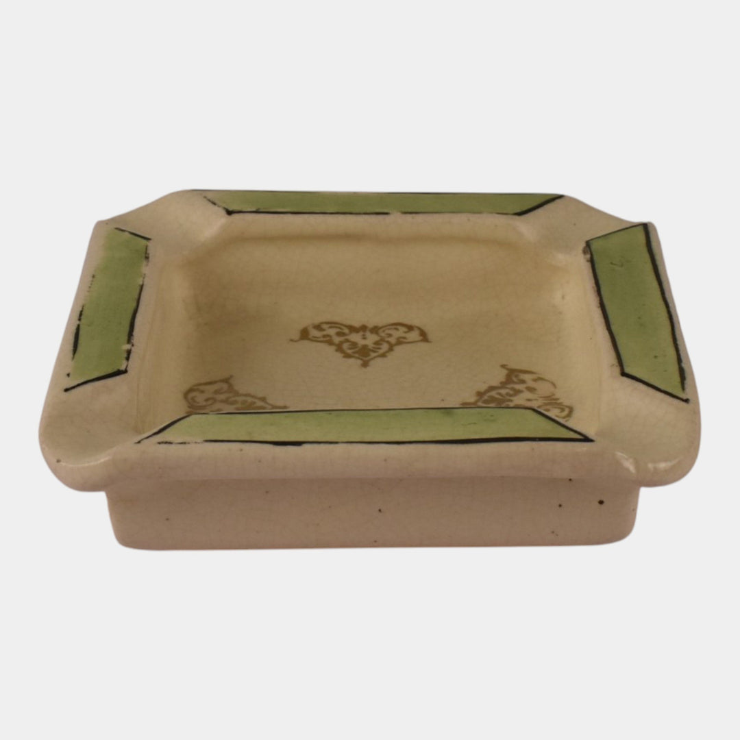 Roseville Creamware 1910 Antique Art Pottery Green Band Decorated Square Ashtray