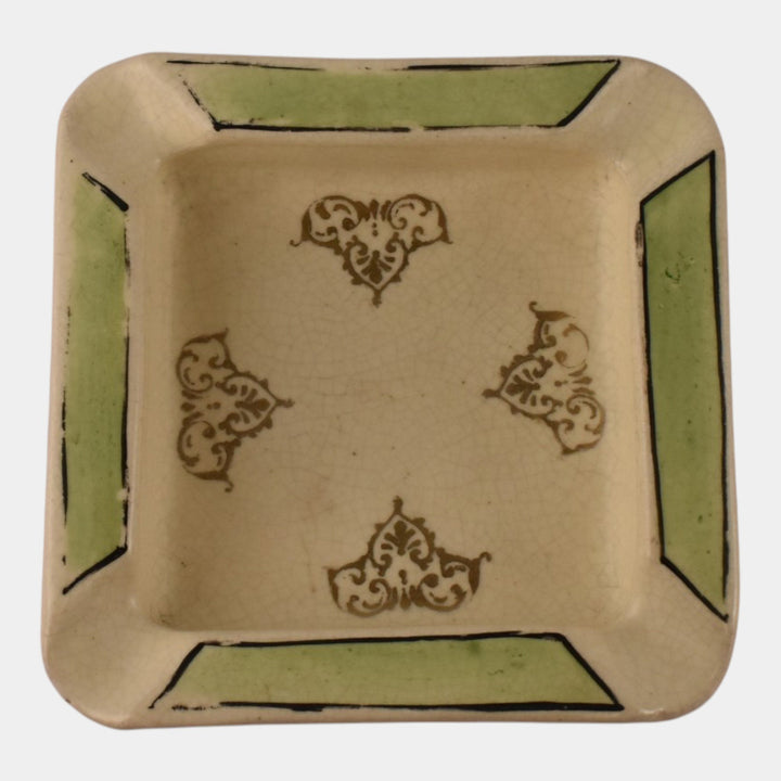Roseville Creamware 1910 Antique Art Pottery Green Band Decorated Square Ashtray