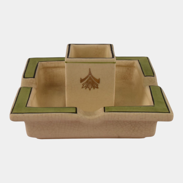 Roseville Creamware 1910 Antique Art Pottery Green Band Ashtray Match Holder - Just Art Pottery