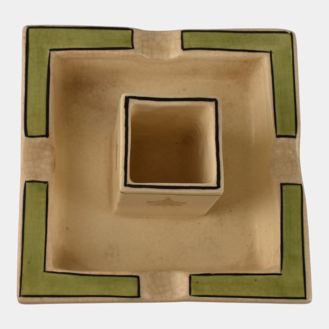 Roseville Creamware 1910 Antique Art Pottery Green Band Ashtray Match Holder - Just Art Pottery