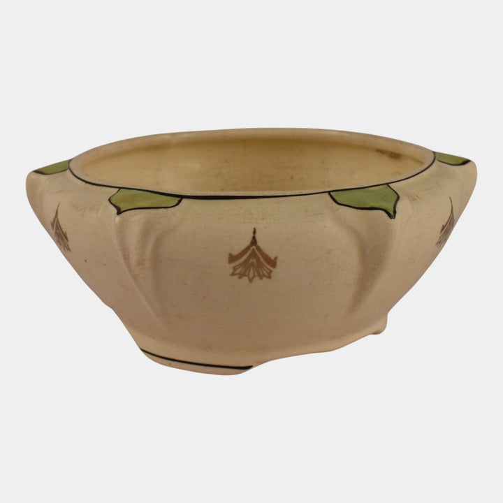 Roseville Creamware Ceramic Design 1916 Art Pottery Green Leaf Accented Bowl - Just Art Pottery