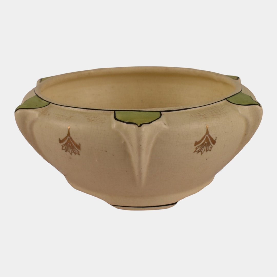 Roseville Creamware Ceramic Design 1916 Art Pottery Green Leaf Accented Bowl - Just Art Pottery