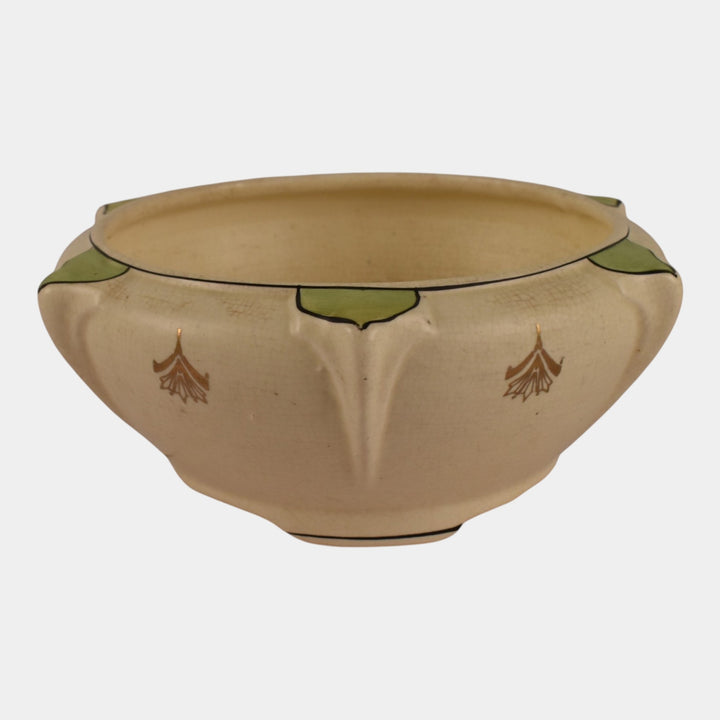 Roseville Creamware Ceramic Design 1916 Art Pottery Green Leaf Accented Bowl - Just Art Pottery