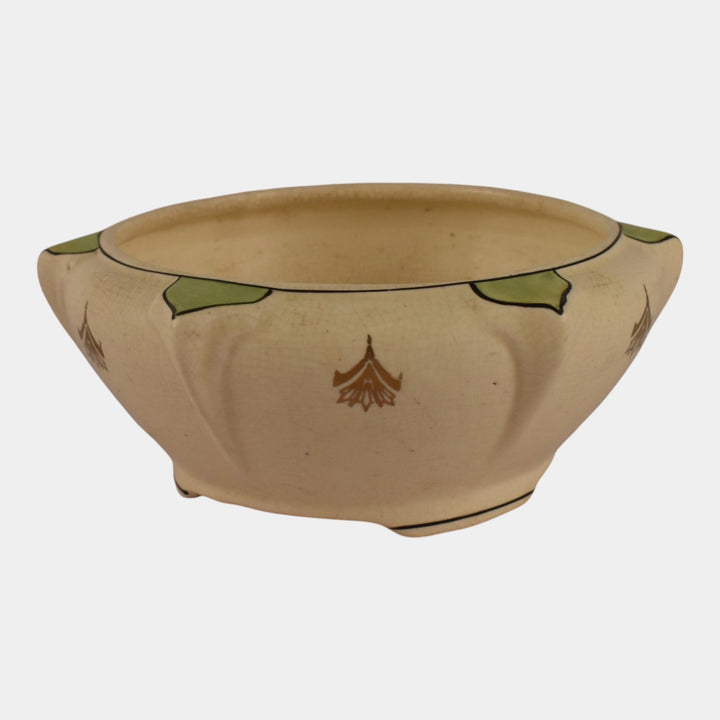 Roseville Creamware Ceramic Design 1916 Art Pottery Green Leaf Accented Bowl - Just Art Pottery