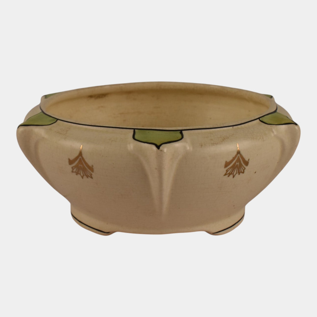 Roseville Creamware Ceramic Design 1916 Art Pottery Green Leaf Accented Bowl - Just Art Pottery