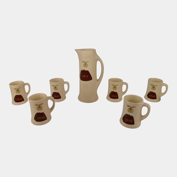 Roseville Pottery Creamware 1900s Shriners Orak Tankard and Six Mugs Set