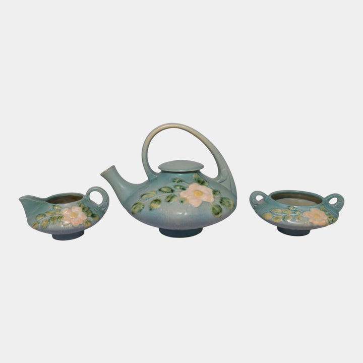 Roseville White Rose Blue 1940 Vintage Art Pottery Teapot Creamer Sugar Tea Set