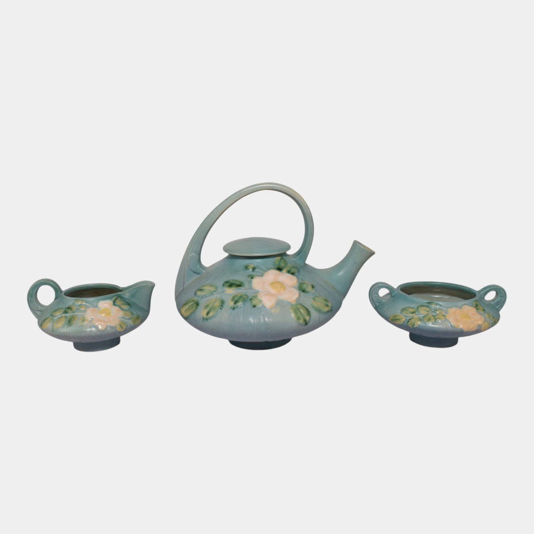 Roseville White Rose Blue 1940 Vintage Art Pottery Teapot Creamer Sugar Tea Set