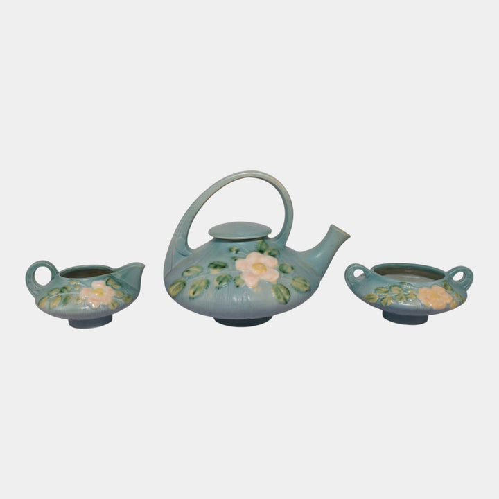 Roseville White Rose Blue 1940 Vintage Art Pottery Teapot Creamer Sugar Tea Set