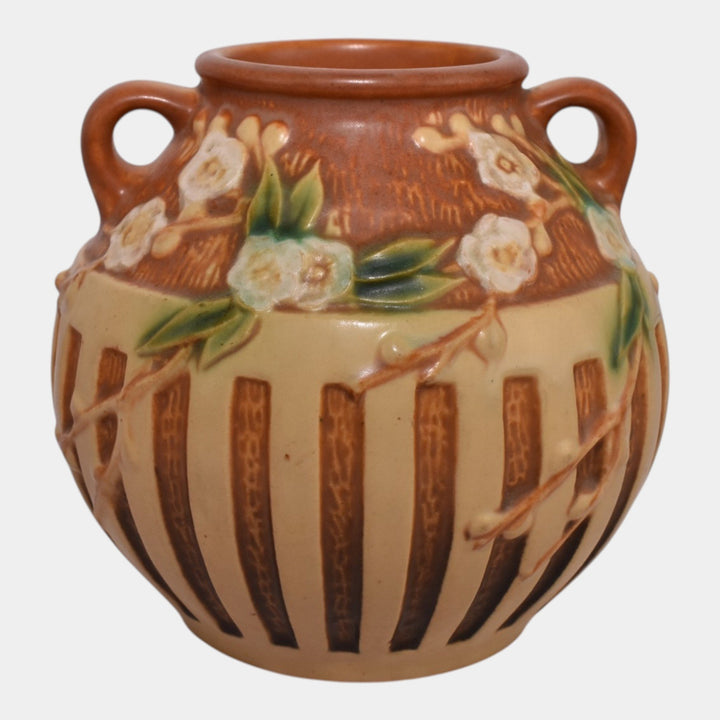 Roseville Cherry Blossom Brown 1933 Vintage Art Deco Pottery Ceramic Vase 618-5
