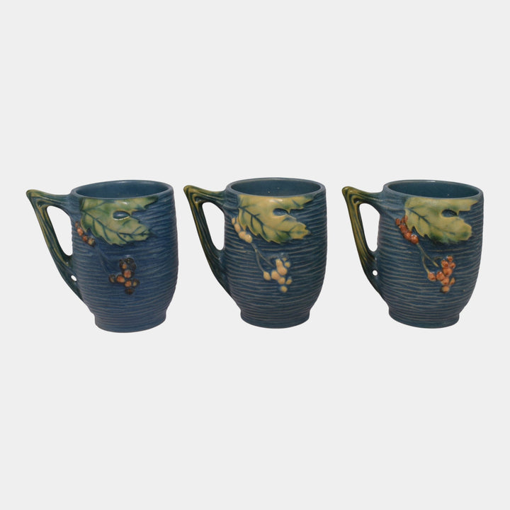 Roseville Bushberry Blue 1941 Vintage Art Pottery Ceramic Mugs 1-3