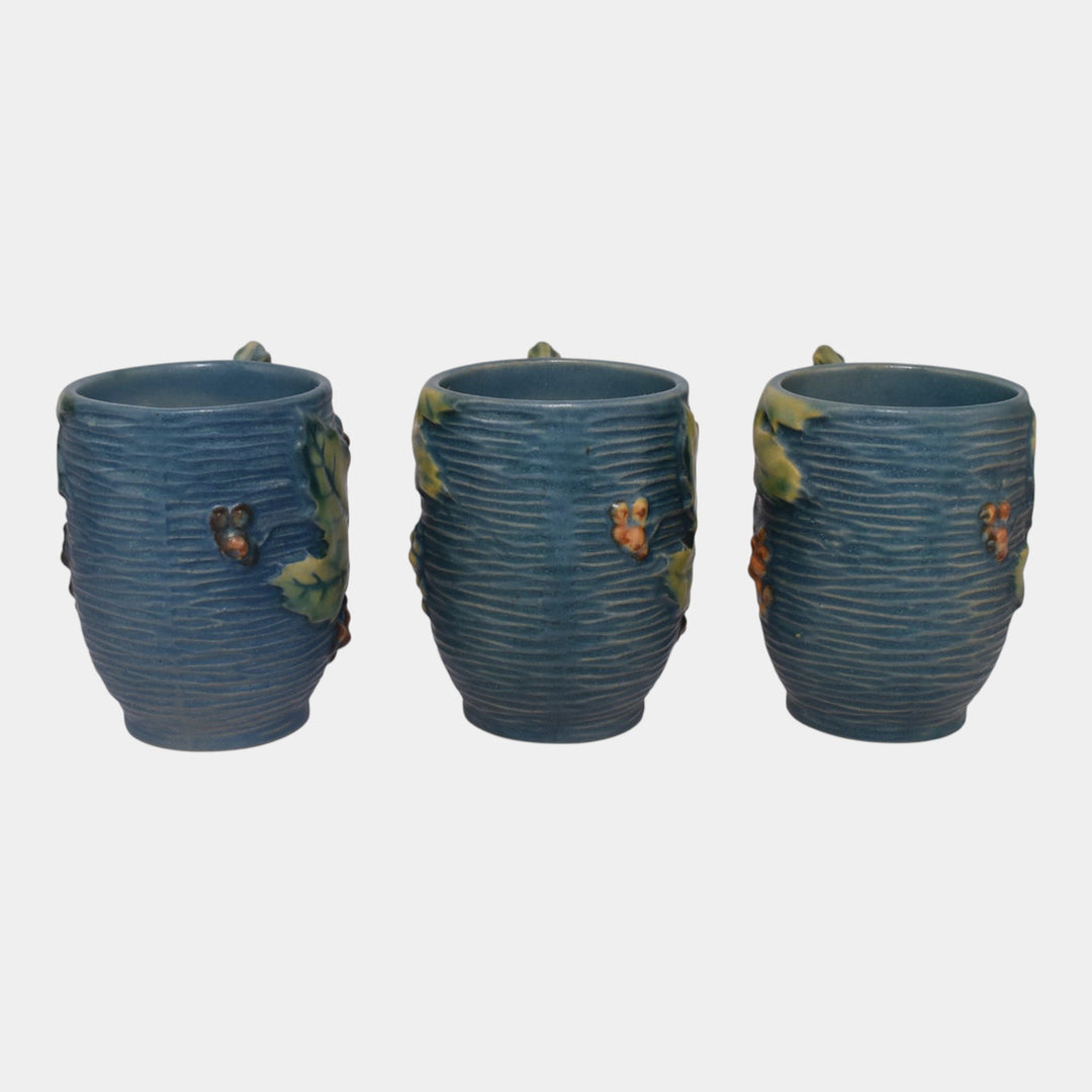 Roseville Bushberry Blue 1941 Vintage Art Pottery Ceramic Mugs 1-3