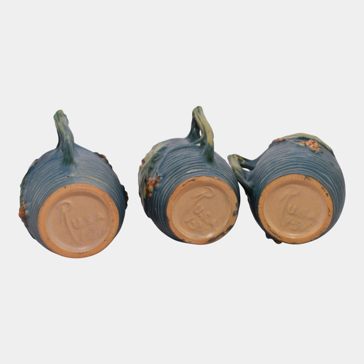 Roseville Bushberry Blue 1941 Vintage Art Pottery Ceramic Mugs 1-3