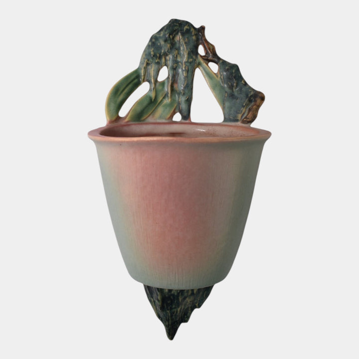 Roseville Moss Pink And Green 1936 Vintage Art Pottery Bucket Wall Pocket 1279-4