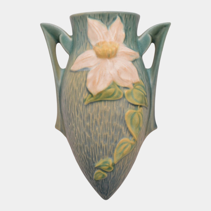 Roseville Clematis Blue 1944 Vintage Art Pottery Ceramic Wall Pocket 1295-8