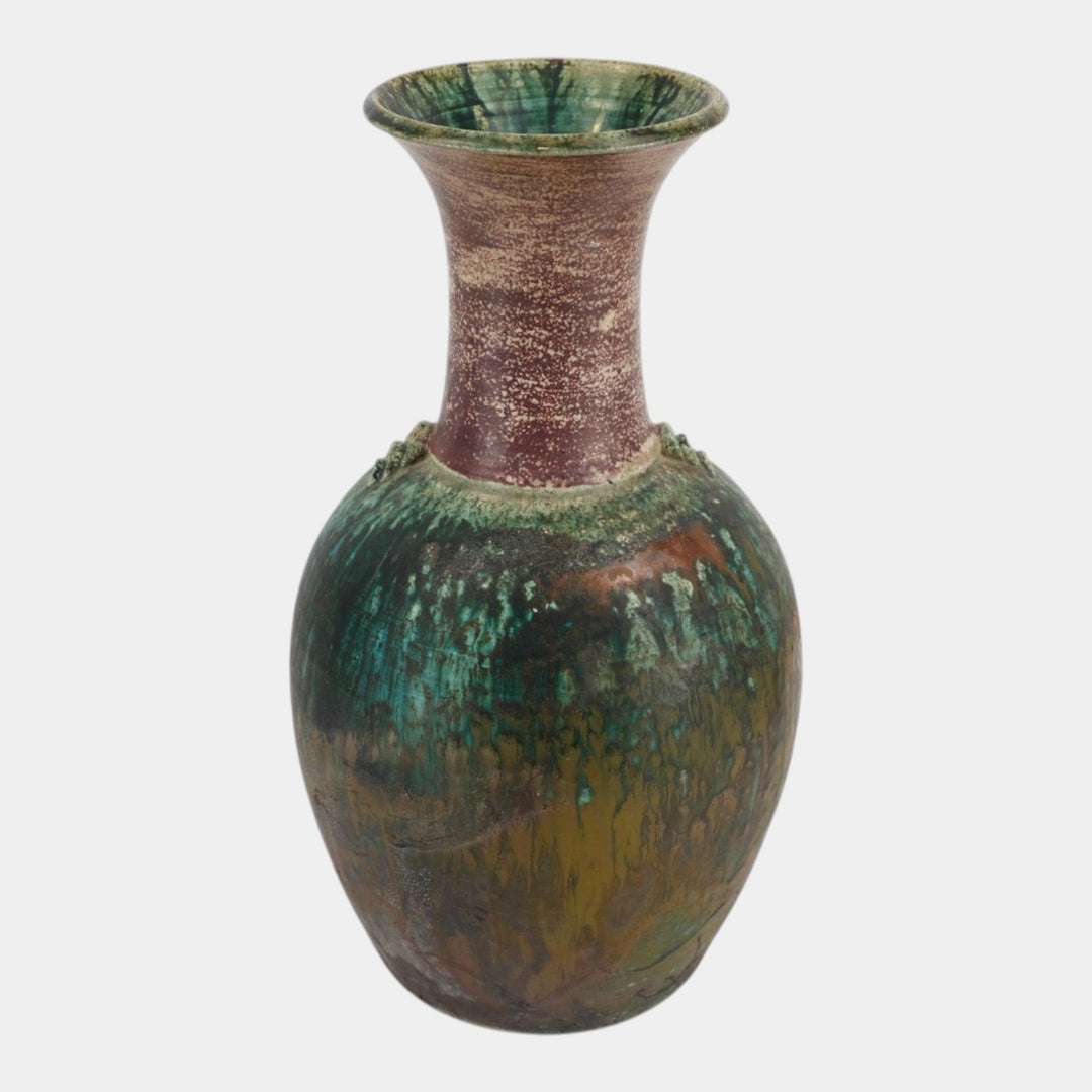 Door Studio 2002 Art Pottery Raku Fired Red Green Flared Rim Bulbous Vase