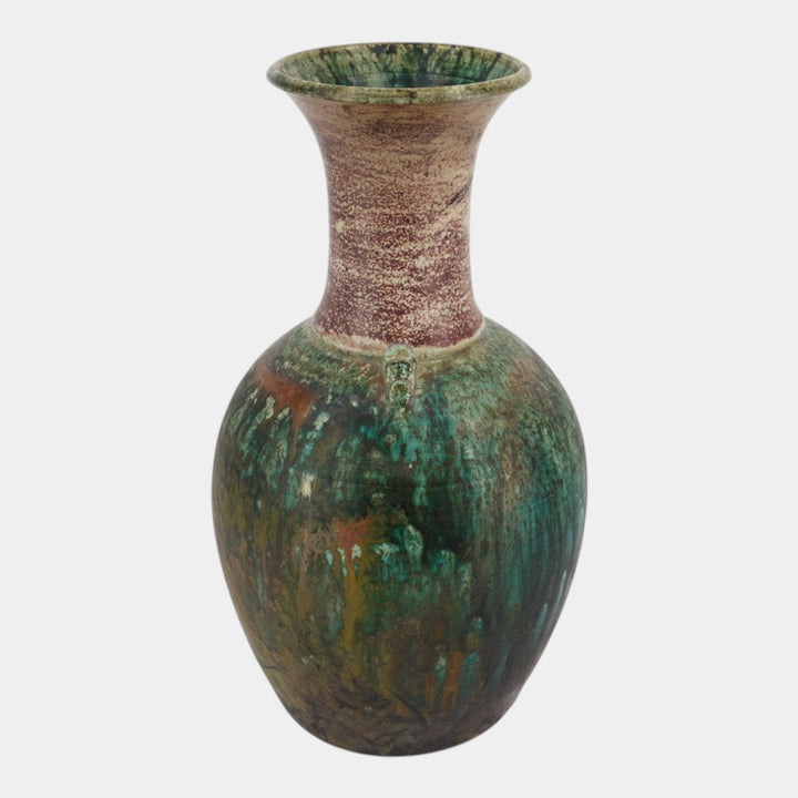 Door Studio 2002 Art Pottery Raku Fired Red Green Flared Rim Bulbous Vase