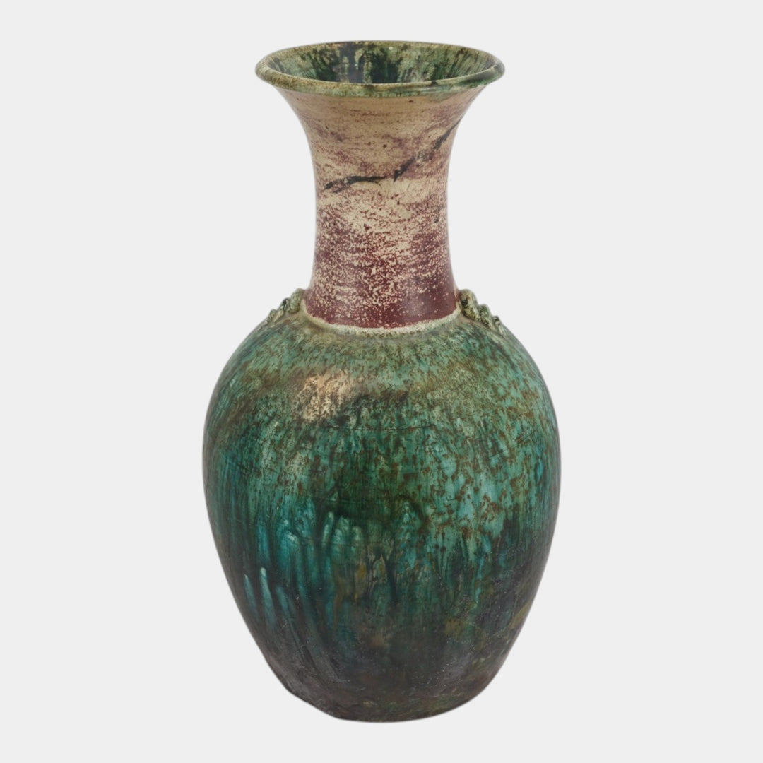 Door Studio 2002 Art Pottery Raku Fired Red Green Flared Rim Bulbous Vase