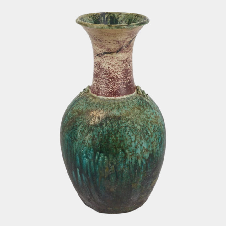 Door Studio 2002 Art Pottery Raku Fired Red Green Flared Rim Bulbous Vase