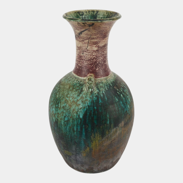 Door Studio 2002 Art Pottery Raku Fired Red Green Flared Rim Bulbous Vase