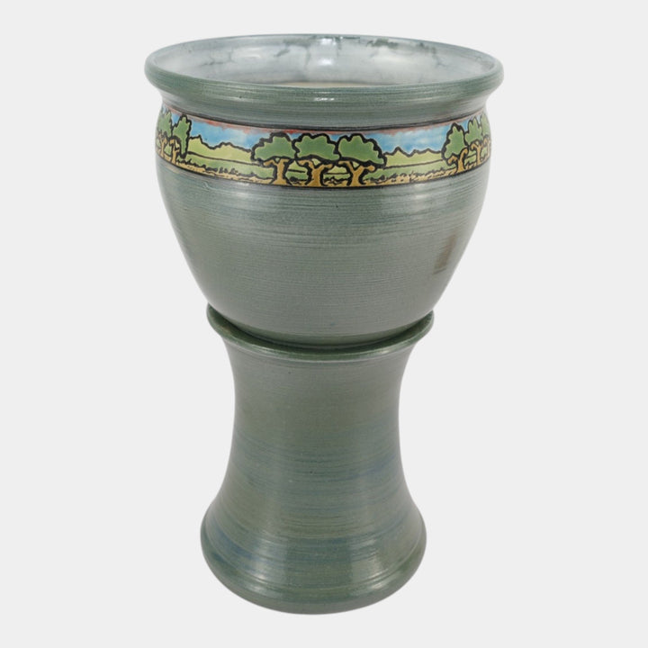 Door Studio Art Pottery Gray SEG Style Scenic Trees Band Jardiniere And Pedestal