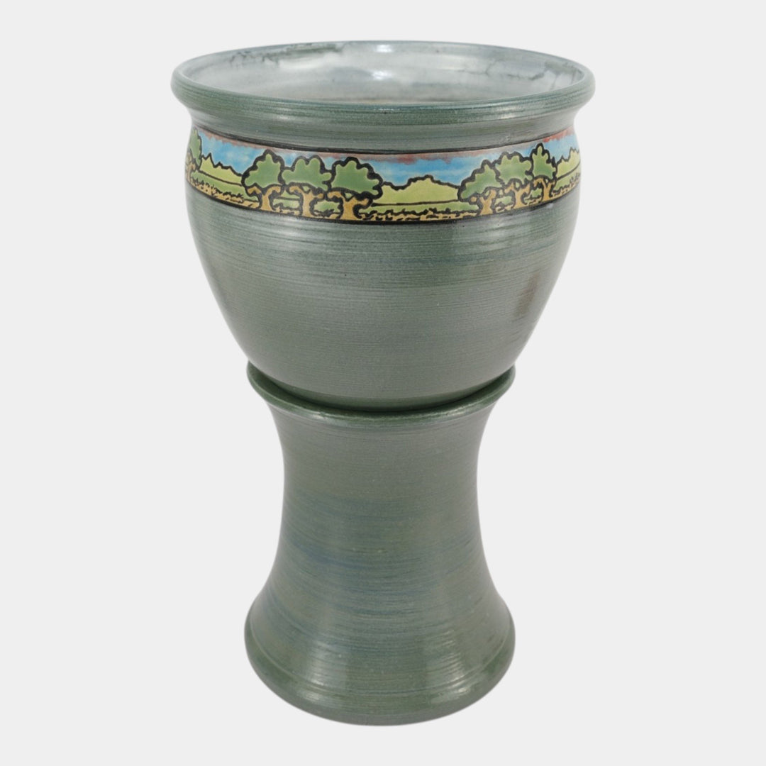 Door Studio Art Pottery Gray SEG Style Scenic Trees Band Jardiniere And Pedestal