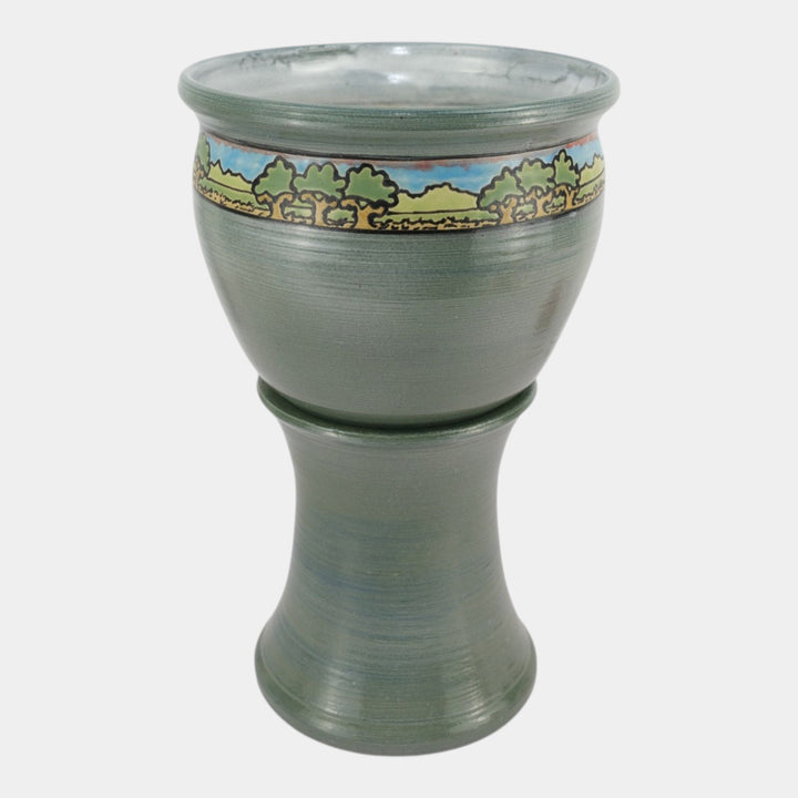 Door Studio Art Pottery Gray SEG Style Scenic Trees Band Jardiniere And Pedestal