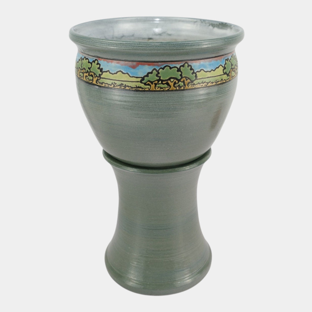 Door Studio Art Pottery Gray SEG Style Scenic Trees Band Jardiniere And Pedestal