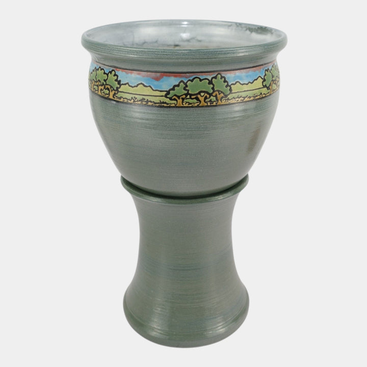 Door Studio Art Pottery Gray SEG Style Scenic Trees Band Jardiniere And Pedestal