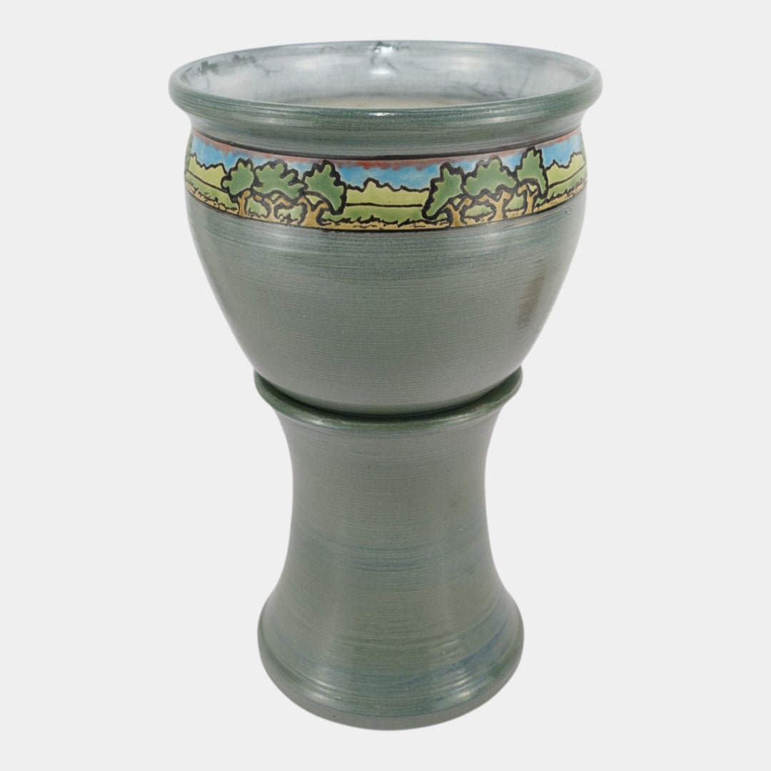 Door Studio Art Pottery Gray SEG Style Scenic Trees Band Jardiniere And Pedestal