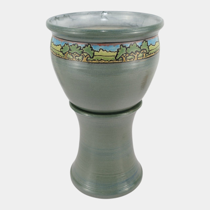 Door Studio Art Pottery Gray SEG Style Scenic Trees Band Jardiniere And Pedestal