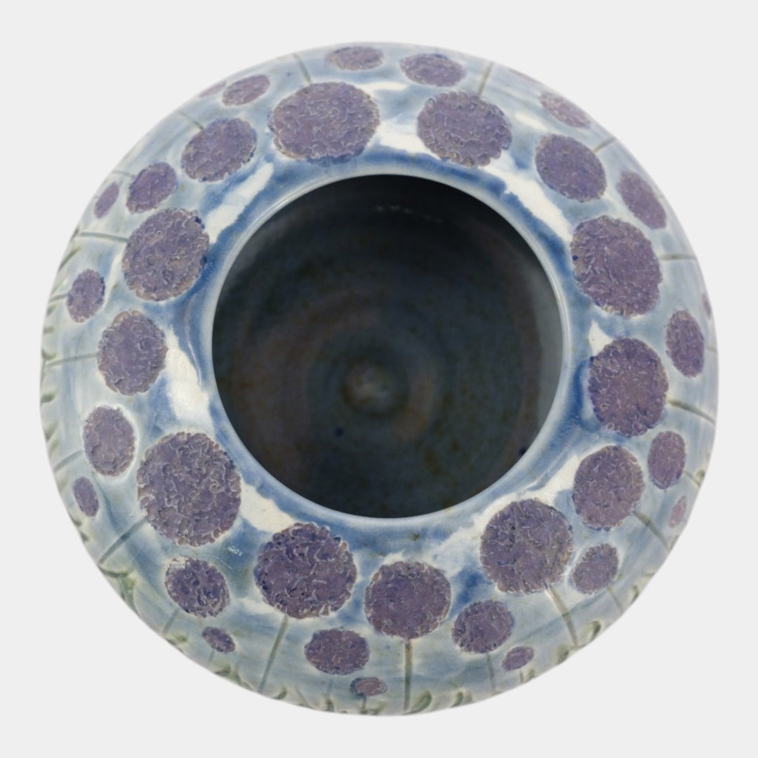 Tim Eberhardt Studio Art Pottery Hand Made Purple Flowers Relief Ceramic Vase