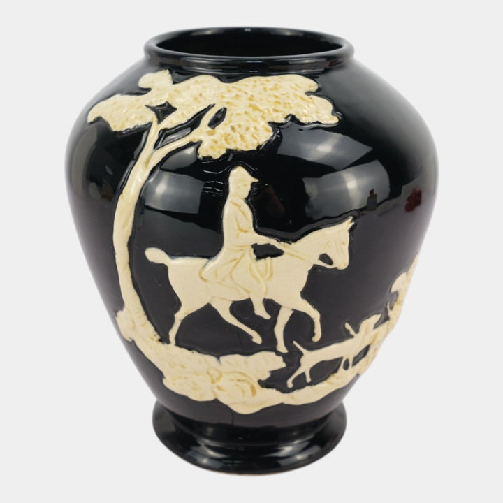 Weller Chase 1920s Art Pottery Black Equestrian Fox Hunt Blue Scenic Vase