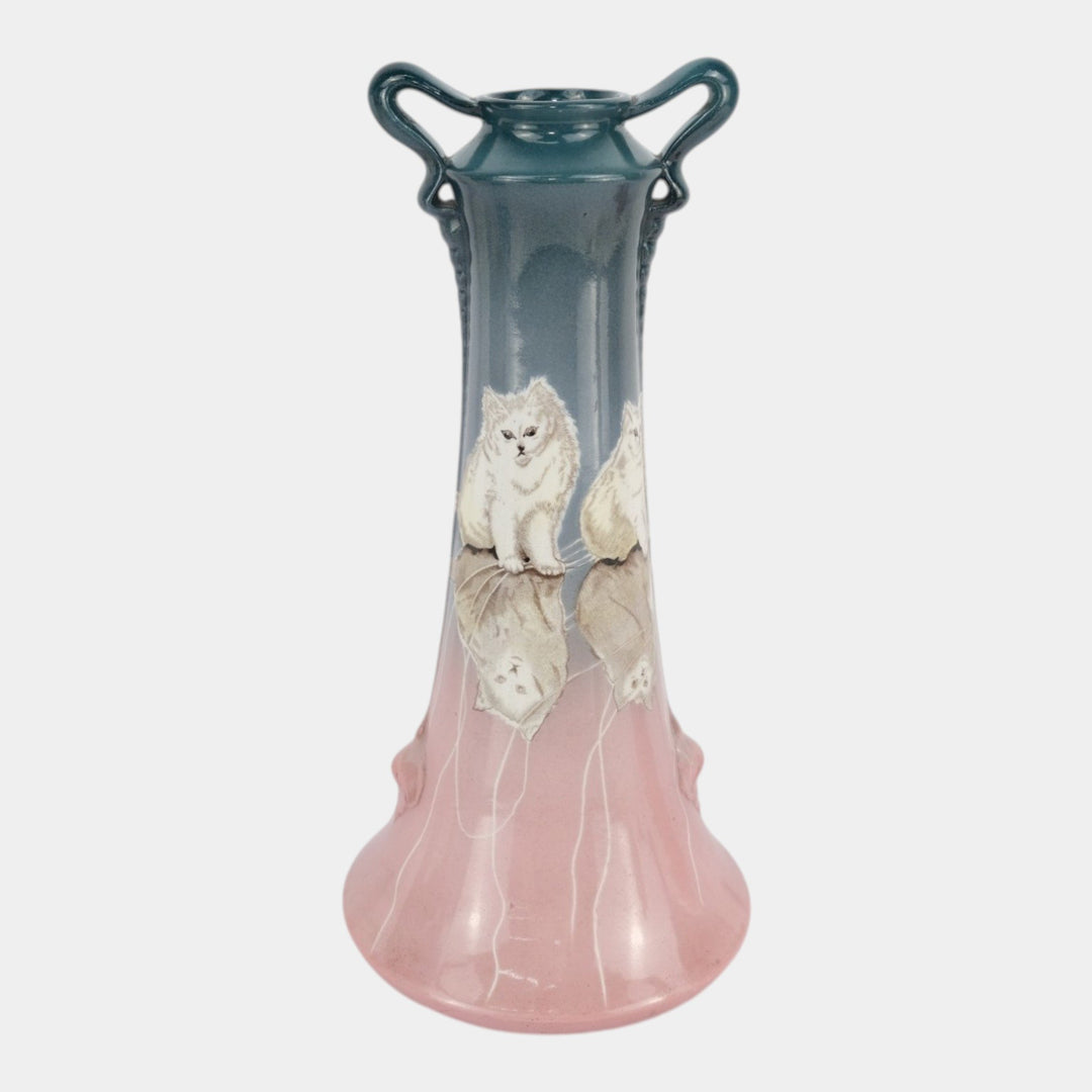 Homer Laughlin Vintage Hand Painted Art Pottery White Pets Cat Handled Vase