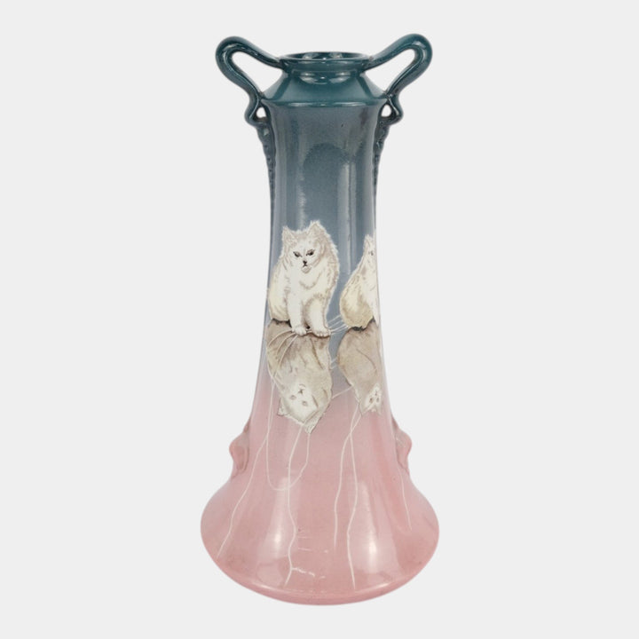 Homer Laughlin Vintage Hand Painted Art Pottery White Pets Cat Handled Vase