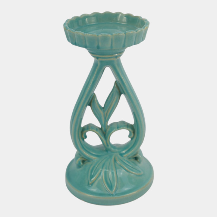Weller Hobart 1920s Green Art Deco Pottery Openwork Pedestal Candle Holder