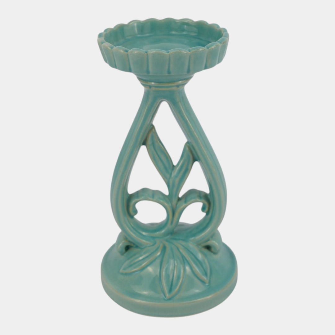 Weller Hobart 1920s Green Art Deco Pottery Openwork Pedestal Candle Holder