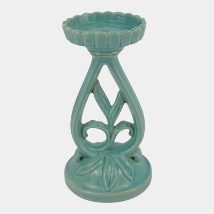 Weller Hobart 1920s Green Art Deco Pottery Openwork Pedestal Candle Holder